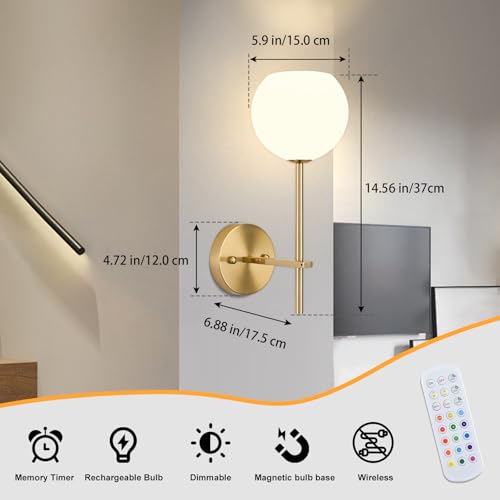 Juego de 2 Apliques de Pared LED Inalámbricos Dorados, Lámparas de Pared Recargables a Batería con Vidrio Esmerilado Blanco Opal, 12 RGB y 3 CCT Regulables, Control Remoto para Dormitorio y Salón