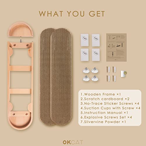 Cat Scratching Post Include No Drilling Wall Mount Way, OKCAT Wooden Wall Mounted Cat Scratcher, 2 Pack Replaceable Floor or Wall Cat Scratchers for Indoor Cats or Kittens (24 x 6 Inches)