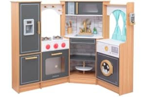 KidKraft Ultimate Corner Wooden Play Kitchen with Lights & Sounds, Play Phone and Curtains, Natural, Gift for Ages 3+