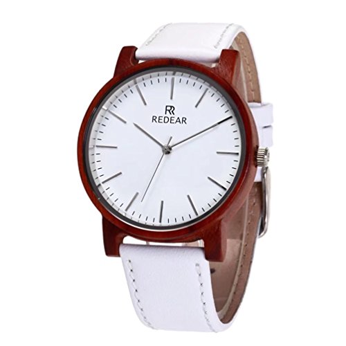 FENDINA Real Red Sandalwood Waterproof Watch White Face and Leather Band Bamboo Wooden Watch for Women Men
