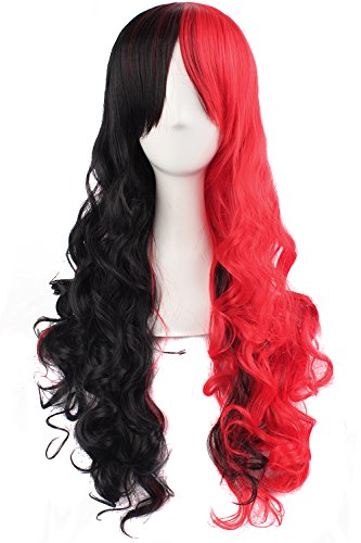 MapofBeauty Multi-color Lolita Long Curly Clip on Ponytails Cosplay Wig (Black/ Red)