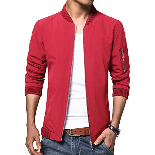 LTIFONE Mens Casual Jacket Zip Up Lightweight Bomber Flight Sportswear Jacket Windbreaker Softshell with Ribbing Edge(Red,L) - Thumbnail 6