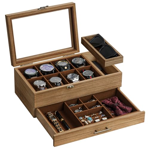 GALHUBIS Watch Box with Tray, 2-Tier Watch Case for Large Dial Watches, 8-Slot Watch Display Case with Lid, Removable Watch Pillows, Drawer, Gifts for Men Women, Watch Organizer, Jewelry Box, Walnut