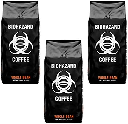 Biohazard Whole Bean Coffee, The World's Strongest Coffee 928 mg Caffeine (16 oz) (3 Pack)