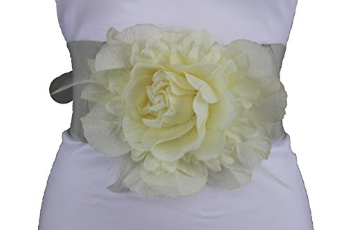 TFJ Women Fashion Elastic Wide Belt High Waist Big Flower Feather M L XL Cream