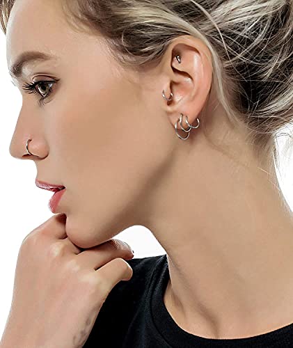 6 Pcs G23 Titanium Body Piercing Rings Hoop 16g 18g Ear Lip Septum Nose Ring Body Piercing Jewelry for Women Men Girls, Gold/Rose Gold/Silver/Black/Blue/Rainbow (18 Gauge, 8mm)