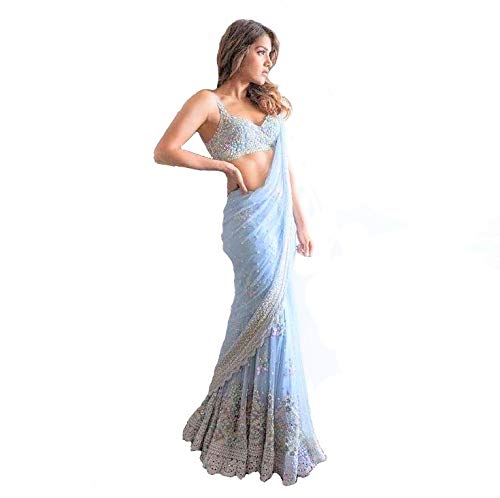 Womens Pure Georgette Most Stylish Diamond Hand Work Saree with Blouse Piece (Sky Blue)