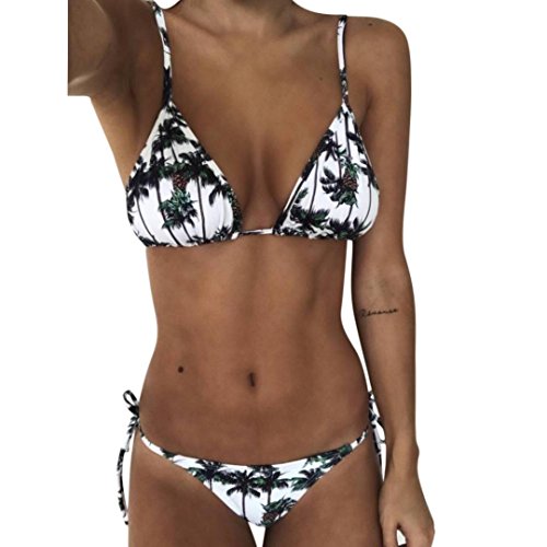Balakie Women Print Bikini Sets Three-point Coconut Tree Printing Bandage Swimsuits Two Piece Swimwear Beach Suit (XL, White)
