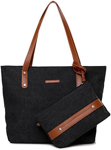 Women Canvas Shoulder Bags Satchel Top Handle Bags Tote Handbag Purse Set (Black)