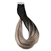 Full Shine Tape in Hair Extensions Human Hair Balayage Human Hair Extensions Natural Black #1B Fading to Ash Blonde 18 Ombre Tape in Extensions Adhesive Hair Extensions Skin Weft 16 Inch 50G 20 Pcs
