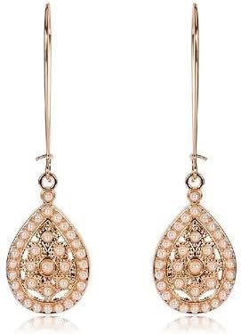 House of Joy Simulated White Pearl Gold Tone Filigree Encrusted disc drop elegant sophisticated bridal wedding earrings