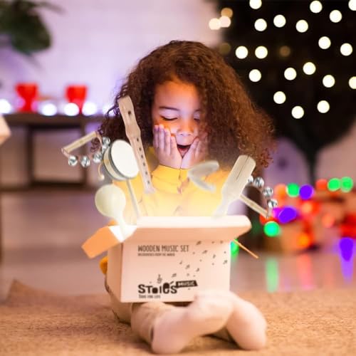 Stoie's Wooden Kids Musical Instruments for 3-9 Years Old, with Drum, Hand Bells, Flute, Maracas, Castanet, Tamburine, for Babies and Toddlers, Durable, Safe, Montessori Educational Toy, Storage Bag