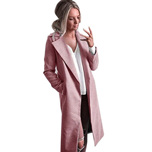 Vovotrade Women Solid Windbreaker Open Front Cardigan Winter Warm Coat Turn-down Collar Long Trench Parka Casual Overcoat (L, Pink)