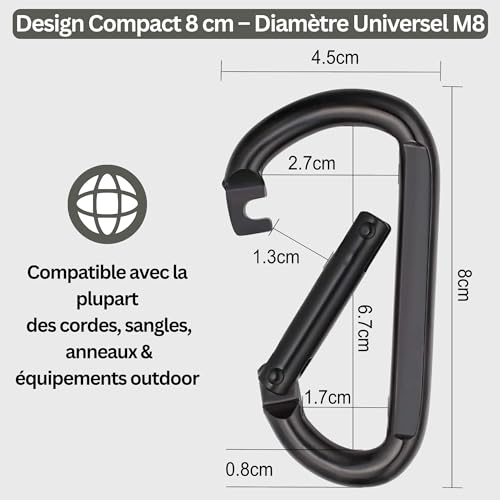 NEXAFIX M8 Stainless Steel Black Carabiner 8 cm (Pack of 2) – 250 kg Hook Carabiner Key Ring for Hammock Swing Dog Camping Hiking
