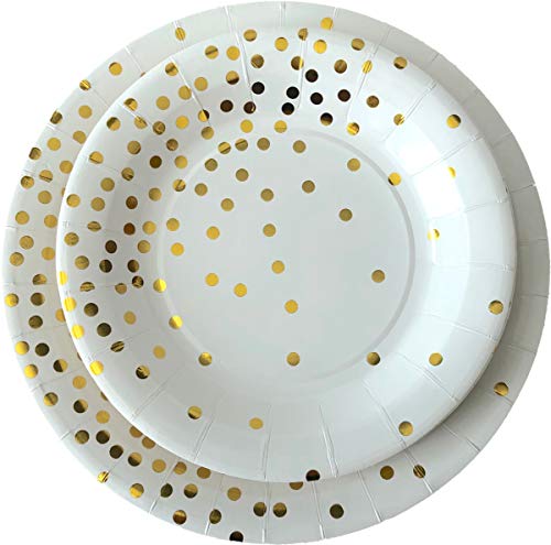 Disposable Plates - Serves 24-72 Piece White Paper Party Plates and Cups Set with Gold Foiled Confetti Polka Dots Party Supplies - 9" Plates, 7" Plates, 9oz Cups for Birthday Baby Shower - Thumbnail 2