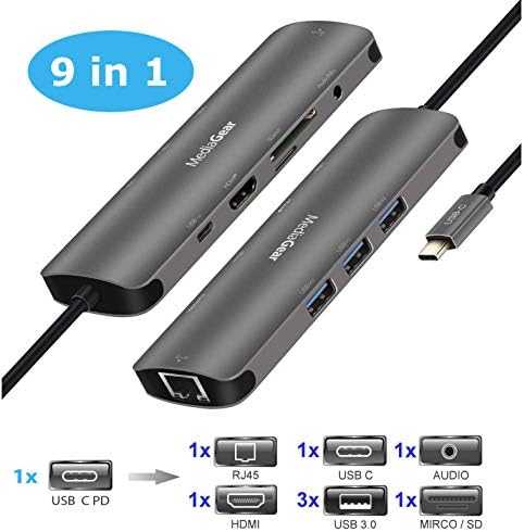 MediaGear USB C 9-in-1 Multi Port Adapter/Hub: USB C 3.1 (Supports PD Power Delivery Charging) to USB C + USB 3.0 + HDMI + RJ45 + Micro/SD Card Reader