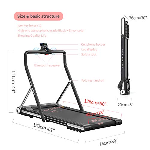 RHYTHM-FUN-Treadmill-Folding-Running-Treadmill-Under-Desk-Walking-Pad-Treadmill-with-Foldable-Handtrail-Wide-Tread-Belt-Super-Slim-Mini-Quiet-Home-Treadmill-with-Smart-Remote-Control-and-Workout-App