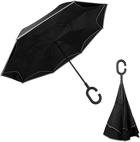 Colorain Reverse/Inverted Double-Layer Windproof Umbrella, Inside-Out Folding Self Standing Umbrella with C-Shape Handle and Reflective Strip