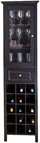 Liquor Storage Cabinet with Glass Door Tall in Black – Tower Unit w Drawer is Best for Your Favorite Bottles of Wine, Liquors, Glassware and Drinking Accessories - Bundle Includes Wine Bottle Holder