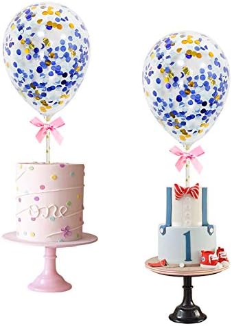 KUMEED Confetti Balloon Cake Topper, 2 Pack 5 Inch Clear Confetti Balloon Cupcake Topper Set - Blue