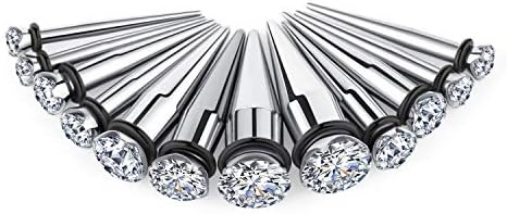 WBRWP 12pcs Ear Stretching Kit Stainless Steel Taper with Zircon Expander Gauges Plugs Tunnels Stretcher Body Piercing Jewelry 8g-00g