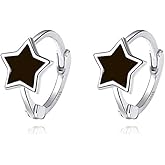 Reffeer Solid 925 Sterling Silver Black Star Huggie Earrings Hoops for Women Teens Small Star Hoop Earrings Cartilage Helix Earrings