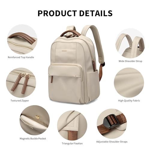 Laptop Backpack for Women, Casual Work and Travel Daypack Fits 15.6 Inch Laptop, Stylish Computer Bag for School or Office Use, Apricot