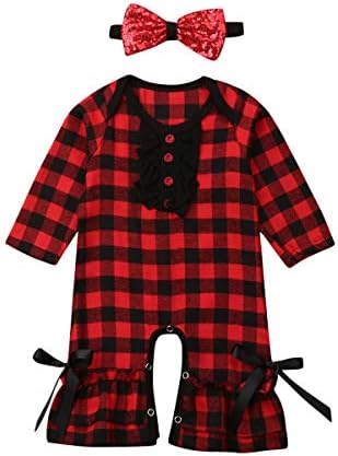 Infant Baby Girl Christmas Outfit Red Plaid One-Piece Rompers Jumpsuit Bowknot Headband
