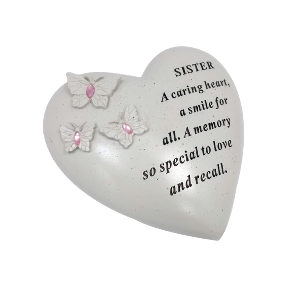 Personalised Grave Ornament/Memorial Plaque with Heart With 3 butterflies & Blue Gems | Graveside Decoration Gift in the Loving Memory of your Loving Deceased Ones (Sister)
