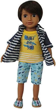 18 Inch Boy Doll Clothes Seaside Series, 4 pcs - Dark Blue And White Stripe T Shirt, Yellow T shirt, Floral Boy Doll Shorts, Printed Fish Figure Doll Shoes Knitted Sole