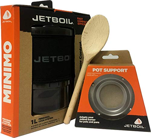 Jetboil MiniMo Personal Cooking System Carbon Black, Jetboil Stainless Steel Pot Support & Zonoz Wooden Stirring Spoon (Bundle)