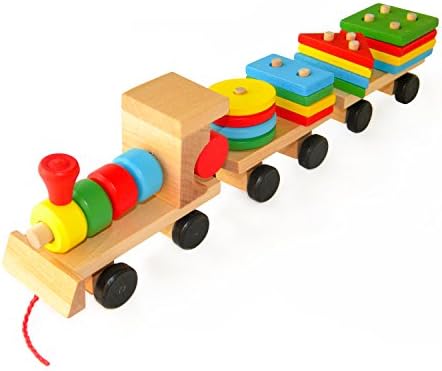 Boxiki Kids Wooden Toys Stacking Train Blocks, Pull Toy Promotes Baby Development. Educational Toys for Toddlers with 20 Wooden Shapes and 1 Train Toy Ecological Safe Play Toys for Kids. ASTM F963