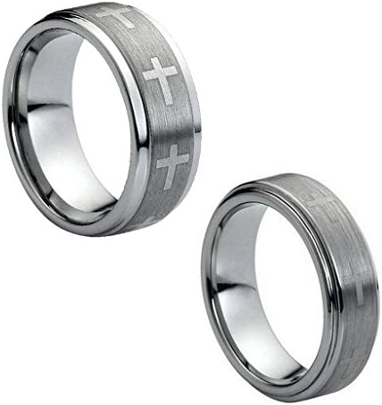 Wedding Band Ring Set For Him &amp; Her 9MM/7MM Tungsten Carbide Step Edge &amp; Brushed Center with Cross