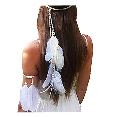 Set of 2 Girls Women Lady Bohemian White Peacock Feather Headband Headdress and Armband Hippie Headpiece Headwear Handmade Tribal Indian Fascinator Feather Hairband Wedding Accessories - Thumbnail 7