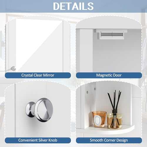 Shintenchi Bathroom Wall Cabinet with Mirror, Mounted Medicine Cabinets with 4 Internal and 6 Open Shelves, Mirrored Door Over the Toilet Storage, White