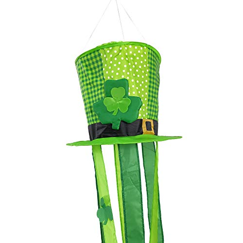 OUTOUR St.Patrick's Day Saint Patrick's Day Green Top Hat Fabric Windsock Wind Sock Hanging Decorations 47" Flag for Garden Patio Lawn Backyard Home Yard Porch Balcony Outdoor Decor Party Supplie
