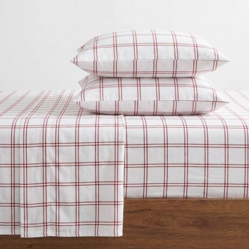 Eddie Bauer - Full Sheet Set, Katoen Flanel Beddengoed Set, Geborsteld voor Extra Zachtheid, Gezellige Woondecoratie (Westridge Plaid Oranje, Volledig)