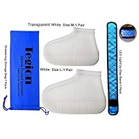 Tegion Reusable Waterproof Rain Shoe&Boot Protective Covers with LED Slap Band, Silicone Shoe Boot Protectors Cover Dry Steppers Overshoes Galoshes for Kids,Women,Men(White-1 Pair M+1 Pair L)