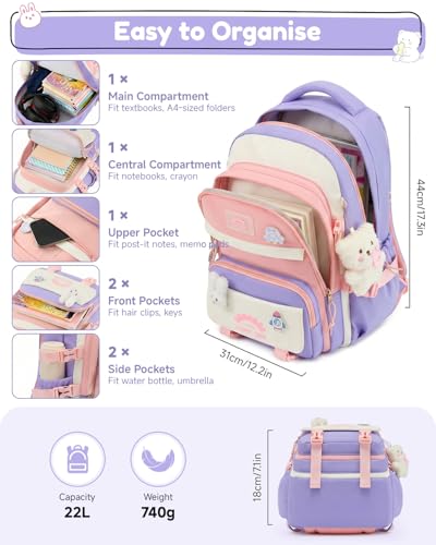 Tanou Girls' School Backpacks, 20 Litres Backpack for Girls from 8 to 12 Years | Lightweight and Waterproof Nylon Kawaii School Backpack with Pendant, Purple