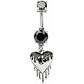 Pierced Owl 14GA 316L Stainless Steel Black CZ Crystal Dripping Heart Dangling Belly Button Ring