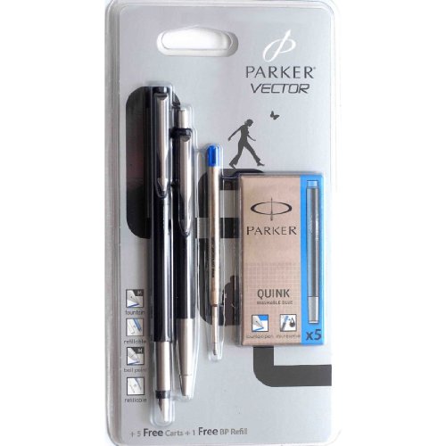 Parker Vector Black Fountain Pen & Ballpoint Pen Set + 5 Free Cartridges & 1 Free Ballpoint Refill