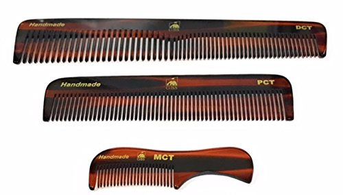 GBS Handmade Grooming Comb Combo Set - Tortoise Shell Anti Static Variety - Course Fine Dressing Comb, All Fine Pocket Comb & Mustache Comb - For All Hair Types. Also Works with Beards and Oils