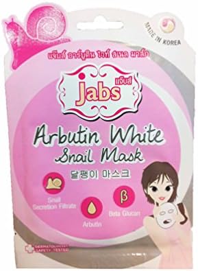 4 mask sheets of Jabs, Arbutin White Snail Mask. Sanail Secretion Filtrate, Arbutin, Beta Glucan. Made in Korea.
