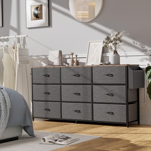 PURFINO Fabric Chest of Drawers - Large TV Stand for 43-65 Inch with 9 Drawers, Label Cards, Side Pocket and Hook, Dresser for Living Room, Hallway, Bedroom