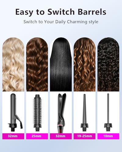5 in 1 Curling Iron with Thermal Brush and Interchangeable Ceramic Barrels (0.35"-1.25") Set of Curling Iron with Plate, Instant Heating Dual Voltage Gifts for Women