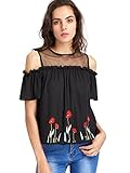 Floerns Women's Cold Shoulder Mesh Splice Top Embroidery Blouse