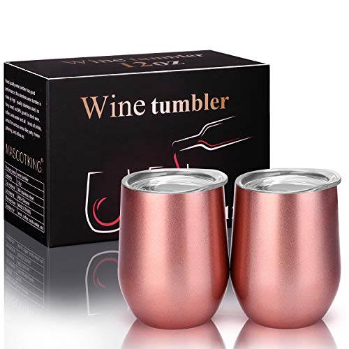 MASCOTKING Wine Glasses Tumbler - 12 oz 2 Pack - Double Wall Vacuum Insulated Cup with Lids for Keeping Wine, Coffee, Drinks - Beverage Warm in Winter - Christmas Present