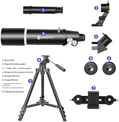 Telescopio de astronomía para Adultos, 80 mm de Apertura, 600 mm, portátil, para Principiantes y niños, con trípode, Adaptador de teléfono, Mochila