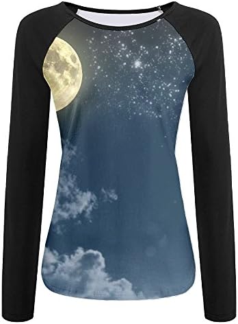 Linjiu Beautiful Magic Blue Night Sky With Clouds And Fullmoon And Stars Printed Long Sleeve T-shirt.