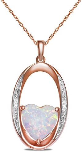 .02cttw with Created Opal Heart Oval Pendant in 10k Pink Gold with Free Complementary 18 Chain